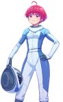  1girl absurdres ahoge astronaut bangs blunt_bangs bob_cut closed_mouth eyebrows_visible_through_hair hair_between_eyes hand_on_hip helmet highres holding holding_helmet hoshina_hikaru itou_shin&#039;ichi pilot_suit precure red_eyes redhead shiny shiny_hair short_hair simple_background solo space_helmet spoilers standing star_twinkle_precure white_background 