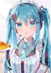  1girl :o absurdres apron blue_eyes blue_hair food frills hair_between_eyes hair_ornament hair_ribbon hairclip hatsune_miku headset highres holding holding_food kurobikari looking_at_viewer maid necktie omurice open_mouth ribbon twintails vocaloid wrist_cuffs 
