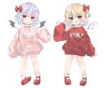  2girls :d alternate_costume bat_wings blonde_hair blush bow contemporary detached_wings eyebrows_visible_through_hair fang fang_out flandre_scarlet full_body hair_bow hood hoodie long_sleeves looking_at_viewer mary_janes multiple_girls multiple_views no_hat no_headwear open_mouth pafe_yuzuran pink_hoodie red_bow red_eyes red_footwear remilia_scarlet shoes short_hair skin_fang sleeves_past_wrists smile socks standing touhou white_background white_legwear wings 