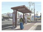  1boy 1girl absurdres animal_ears backpack bag bare_tree blue_sky blush bus_stop car cat_ears cat_tail chun_1234567 day ground_vehicle highres hololive jacket lamppost long_skirt motor_vehicle nekomata_okayu outdoors purple_hair short_hair skirt sky solo_focus tail traffic_light tree virtual_youtuber white_legwear 