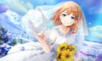  1girl blue_eyes blue_flower breasts bride commentary_request day dress earrings field floral_print flower flower_field gakuon_(gakuto) grin happy holding holding_flower jewelry orange_hair original outdoors petals short_hair small_breasts smile solo sunflower veil virtual_youtuber wedding_dress white_dress 