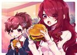  2girls :o bangs black_jacket blazer blue_background blush bow breasts burger collared_shirt emi_star english_commentary eyebrows_visible_through_hair food hair_behind_ear holding holding_food jacket kirijou_mitsuru looking_at_viewer looking_down medium_breasts multiple_girls open_mouth persona persona_3 portrait red_bow red_eyes redhead school_uniform shiomi_kotone shirt sparkle white_shirt 