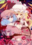  2girls absurdres arms_around_neck bat_wings blonde_hair blue_hair blush closed_mouth commentary crystal fang flandre_scarlet frilled_skirt frilled_sleeves frills hair_between_eyes hat hat_ribbon highres hug hug_from_behind long_hair looking_at_viewer mob_cap multiple_girls parted_lips pink_headwear pink_shirt pink_skirt puffy_short_sleeves puffy_sleeves red_eyes red_ribbon red_skirt red_vest remilia_scarlet ribbon shirt shocho_(shaojiujiu) short_hair short_sleeves siblings side_ponytail sisters skin_fang skirt skirt_set smile touhou vest white_headwear wings wrist_cuffs 