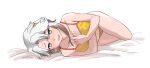  1girl akishimo_(kancolle) asymmetrical_hair bra brown_hair collarbone commentary_request gradient_hair hair_ornament hand_on_own_chest kantai_collection leaf_hair_ornament lying multicolored_hair on_side panties short_hair short_hair_with_long_locks simple_background solo tamu_(mad_works) underwear underwear_only white_background yellow_bra yellow_panties 