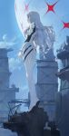  1girl absurdres ass ayanami_rei blue_hair blue_sky building clouds commentary_request day evangelion:_3.0+1.0_thrice_upon_a_time full_body highres long_hair looking_away looking_up modare neon_genesis_evangelion rebuild_of_evangelion red_eyes ruins sky standing 