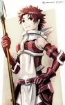  1girl amatari_sukuzakki armor belt fire_emblem fire_emblem_awakening holding holding_polearm holding_weapon looking_to_the_side polearm red_eyes redhead short_hair sully_(fire_emblem) thighs upper_body weapon 