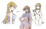  1girl 203wolves bikini blonde_hair bracelet breasts brown_eyes closed_mouth gloves hair_between_eyes jewelry large_breasts long_hair looking_at_viewer navel shirt simple_background smile solo swimsuit tenjouin_asuka yellow_eyes yu-gi-oh! yu-gi-oh!_gx 