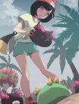  1girl 343rone absurdres alternate_color bag bare_legs beanie black_hair closed_mouth clouds commentary_request day eyelashes from_below green_shorts hat highres holding holding_pokemon looking_down outdoors overcast palm_tree pokemon pokemon_(creature) pokemon_(game) pokemon_sm pyukumuku selene_(pokemon) shiny_pokemon shirt shoes short_hair short_sleeves shorts sky sparkle standing sweatdrop tied_shirt tree twitter_username violet_eyes yellow_shirt 