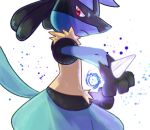  1boy animal_ears animal_hands aura_sphere_(pokemon) black_fur blue_fur body_fur closed_mouth commentary_request energy_ball from_side furry furry_male hands_up hao_(pixiv_10705622) looking_at_viewer lowres lucario male_focus multicolored_fur partial_commentary pokemon pokemon_(creature) pokemon_move red_eyes simple_background snout solo spikes standing tail white_background wolf_boy wolf_ears wolf_tail yellow_fur 