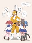  1boy 3girls absurdres animal_ears anna_(aannnaa3) black_eyes black_legwear blue_hair blue_sailor_collar blue_skirt bodysuit boku_no_hero_academia book boots brown_background brown_footwear brown_hair cat_ears cat_girl cat_tail commentary_request from_behind gloves hand_on_own_chin highres holding holding_book kneehighs long_hair long_sleeves multiple_girls pleated_skirt pointing ponytail redhead sailor_collar satou_rikidou school_uniform serafuku shirt shoes short_hair simple_background skirt speech_bubble standing standing_on_one_leg tail thick_lips translation_request twintails whiskers white_footwear white_gloves white_shirt yellow_bodysuit yellow_mask 