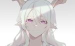 1boy androgynous animal_ears antlers arknights artist_request grey_background kreide_(arknights) long_hair looking_at_viewer male_focus smile solo violet_eyes white_hair