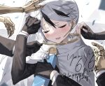  1boy birthday black_gloves blush cape closed_eyes devy_lobotomy earpiece formal gift gloves headpat library_of_ruina long_sleeves mechanical_arms multicolored_hair ponytail project_moon suit white_background white_cape white_hair yan_vismok 