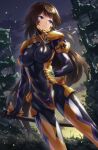  1girl black_bodysuit blush bodysuit breasts brown_hair covered_navel dutch_angle fortified_suit highres holding holding_sheath impossible_bodysuit impossible_clothes katana kurione_(zassou) long_hair medium_breasts muvluv muvluv_alternative muvluv_total_eclipse outdoors pilot_suit sheath shiny shiny_clothes shiny_hair solo standing sword takamura_yui violet_eyes weapon 