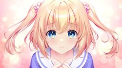  1girl alpha_(yukai_na_nakamatachi) bangs blonde_hair blue_eyes blue_shirt bow bowtie closed_mouth collared_shirt eyebrows_visible_through_hair floating_hair game_cg green_bow green_bowtie hair_between_eyes hair_ornament hair_scrunchie long_hair looking_at_viewer nagima_yumemi pink_background pink_scrunchie portrait sailor_collar sailor_shirt scrunchie shirt solo sousaku_kanojo_no_renai_koushiki twintails white_sailor_collar 