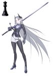  1girl absurdres armor breastplate chess_piece closed_mouth contrapposto crown full_body grey_hair high_heels highres holding holding_sword holding_weapon long_hair long_sword looking_at_viewer milim_nova original over_shoulder pants personification pointy_ears rook_(chess) simple_background solo standing sword thigh-highs very_long_hair violet_eyes weapon weapon_over_shoulder white_background white_pants zweihander 