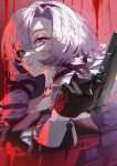  1girl bangs brown_gloves dress drill_hair gloves gun hair_ribbon handgun highres holding holding_gun holding_weapon hyakumantenbara_salome long_hair long_sleeves looking_at_viewer nijisanji parted_lips pistol purple_hair red_dress ribbon roitz_(_roitz_) sideways_glance solo upper_body violet_eyes virtual_youtuber weapon 