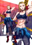  1girl abs absurdres arm_behind_head armpits biceps blonde_hair blue_eyes boots cammy_white caution_tape clothes_around_waist crop_top fingerless_gloves garayann gloves hand_on_hip highres looking_at_viewer muscular muscular_female navel red_footwear scar scar_on_face short_hair solo sports_bra standing stomach street_fighter street_fighter_6 tiptoes 