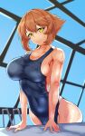  1girl absurdres arm_support blue_swimsuit breasts brown_hair collarbone competition_swimsuit covered_navel highres kantai_collection large_breasts mutsu_(kancolle) nestleo one-piece_swimsuit pool_ladder rei_no_pool short_hair solo swimsuit yellow_eyes 