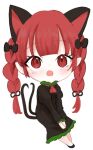  1girl :o animal_ears ao_orin_ringo bangs black_dress blunt_bangs blush bow braid cat_ears cat_tail chibi dress extra_ears eyebrows_visible_through_hair green_dress hair_bow kaenbyou_rin long_hair long_sleeves looking_at_viewer multiple_tails nekomata open_mouth pointy_ears red_eyes redhead solo tail touhou twin_braids twintails two_tails v_arms 