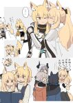  6+girls animal_ear_fluff animal_ears arknights blemishine_(arknights) blonde_hair blue_hair closed_eyes commentary_request cow_horns glaucus_(arknights) grey_hair head_bump highres horns horse_ears horse_girl kiss kissing_cheek kumamoto_aichi long_hair mayer_(arknights) multiple_girls nearl_(arknights) nearl_the_radiant_knight_(arknights) one_eye_closed translation_request vulcan_(arknights) whislash_(arknights) yuri 