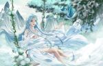  1girl absurdres bare_legs bird blue_hair clouds douluo_dalu dress falling_leaves flower hair_ornament highres leaf long_hair mountain outstretched_hand shi_zengyu_yu_guang sitting solo swing_set tang_wutong_(douluo_dalu) white_dress 