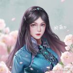  1girl blue_dress blue_sky braid brown_hair butterfly_hair_ornament collared_dress douluo_dalu dress falling_petals flower gem hair_ornament highres jewelry long_hair looking_to_the_side ning_mengmeng ning_rongrong_(douluo_dalu) petals sky smile solo upper_body 