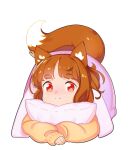  1girl animal_ears bangs blunt_bangs blush brown_hair closed_mouth eyebrows_visible_through_hair fluffy fox_ears fox_tail highres long_sleeves looking_at_viewer lying milim_nova object_hug on_stomach original pillow pillow_hug red_eyes simple_background smile solo sweater tail under_covers white_background yellow_sweater 