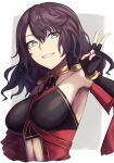  1girl black_hair blue_eyes breasts clothing_cutout detached_sleeves fate/grand_order fate_(series) fingerless_gloves gloves green_eyes hephaestion_(fate) heterochromia highres medium_breasts sakahoko smile stomach_cutout v 