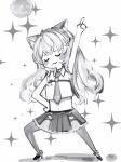  1girl :3 animal_ears blush_stickers braid closed_eyes coyote_ears coyote_girl dancing facing_viewer greyscale hakui_koyori hand_on_hip highres hololive long_hair midriff miniskirt monochrome nanashi_(nlo) navel necktie pantyhose pleated_skirt skirt smile solo sparkle u_u virtual_youtuber 