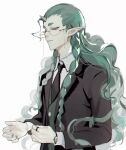  1boy adjusting_clothes bespectacled black_jacket black_necktie bracelet braid collared_shirt curly_hair denpa0304 diting_(the_legend_of_luoxiaohei) earrings eyewear_strap formal glasses green_eyes green_hair green_nails hair_over_shoulder hair_slicked_back half-closed_eyes highres horns jacket jewelry long_hair long_sleeves looking_away looking_down male_focus nail_polish necktie pointy_ears ring shirt simple_background single_horn solo suit the_legend_of_luo_xiaohei twin_braids upper_body white_background white_shirt 