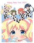  &gt;_&lt; 5girls :o =_= alice_cartelet animal_print arm_up bangs blonde_hair blue_background blue_eyes blue_hair blunt_bangs blush bottle breasts brown_hair chibi chinese_zodiac closed_eyes closed_mouth commentary_request cow_print cow_tail dated drinking english_text everyone eyebrows_behind_hair eyebrows_visible_through_hair fang floating_hair full_body hair_between_eyes hair_ornament hairclip hands_up happy_new_year hara_yui horns inokuma_youko kin-iro_mosaic komichi_aya kujou_karen long_hair looking_at_viewer looking_away looking_up medium_breasts medium_hair milk_bottle multiple_girls official_alternate_costume official_art one_eye_closed oomiya_shinobu open_mouth orange_hair outline outstretched_arm outstretched_arms ox_ears ox_girl ox_horns pajamas shiny shiny_hair skin_fang small_breasts swept_bangs tail thick_eyebrows twintails upper_body v very_long_hair violet_eyes white_background white_outline x_hair_ornament year_of_the_ox 