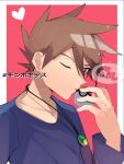  1boy bangs border brown_eyes brown_hair collarbone commentary_request gary_oak heart holding holding_poke_ball jewelry kiss male_focus necklace norisukep one_eye_closed pink_background poke_ball poke_ball_(basic) pokemon pokemon_(anime) pokemon_(classic_anime) purple_shirt shirt short_hair solo sparkle spiky_hair upper_body white_border 