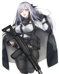  1girl ak-12 ak-12_(girls&#039;_frontline) assault_rifle black_gloves black_pants breasts girls_frontline gloves grey_hair gun highres kalashnikov_rifle large_breasts long_hair long_sleeves magazine_(weapon) marche_mk14 one_eye_closed pants partially_fingerless_gloves rifle solo standing tactical_clothes violet_eyes weapon 
