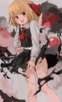  1girl abstract_background absurdres black_nails black_skirt black_vest blonde_hair blush collared_shirt feet_out_of_frame hair_ribbon highres knees_together_feet_apart long_sleeves looking_at_viewer necktie red_eyes red_necktie red_ribbon reddizen ribbon rumia sharp_teeth shirt short_hair skirt skirt_set solo standing teeth touhou vest white_shirt 