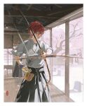  1boy archery arrow_(projectile) bangs between_fingers black_hakama border bow_(weapon) ceiling cherry_blossoms closed_mouth cowboy_shot day ensemble_stars! gloves hakama highres holding holding_arrow holding_bow_(weapon) holding_weapon indoors japanese_clothes kyuudou light_particles looking_away male_focus petals redhead short_hair short_sleeves shuyu08382645 sideways_glance single_glove solo solo_focus standing suou_tsukasa tree veranda weapon wind wooden_floor 