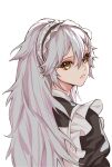  1girl back bangs closed_mouth danxing_aipangzi eyebrows_visible_through_hair from_side gepard_m1_(contracted_today)_(girls&#039;_frontline) gepard_m1_(girls&#039;_frontline) girls_frontline grey_hair highres long_hair looking_at_viewer maid maid_headdress official_alternate_costume solo upper_body very_long_hair white_background yellow_eyes 