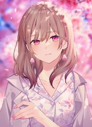  1girl achiki bangs blazer blurry blurry_background breasts brown_hair closed_mouth collarbone earrings eyebrows_visible_through_hair floral_print grey_jacket highres jacket jacket_on_shoulders jewelry long_hair looking_at_viewer medium_breasts original outdoors petals pink_eyes solo upper_body 