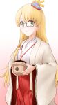  1girl alternate_costume bangs blonde_hair blunt_bangs glasses green_eyes hakama highres holding japanese_clothes kantai_collection kimono layered_clothes layered_kimono long_hair meihemu navy_cross northampton_(kancolle) red_hakama semi-rimless_eyewear solo white_kimono wide_sleeves 