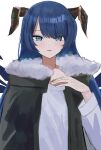  1girl arknights black_coat blue_eyes blue_hair coat eyebrows_behind_hair fur-trimmed_coat fur_trim hand_on_own_chest highres horns issei_draw long_hair long_sleeves mostima_(arknights) parted_lips shirt simple_background smile solo upper_body white_background white_shirt 