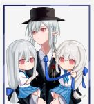 3girls arknights black_headwear black_suit blue_neckerchief blue_necktie blue_skirt carrying carrying_person closed_mouth collared_shirt cube_(cuberoot-of-e) formal gladiia_(arknights) grey_hair hat highres long_hair low-tied_long_hair multiple_girls neckerchief necktie red_eyes shirt skadi_(arknights) skirt smile specter_(arknights) suit very_long_hair white_shirt younger 