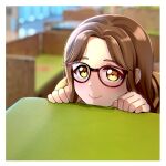 1girl absurdres bangs blush brown_eyes brown_hair english_commentary eyebrows_visible_through_hair glasses hair_behind_ear highres kunikida_hanamaru love_live! love_live!_sunshine!! parted_bangs photo-referenced photo_background ska.harumi smile solo