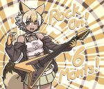  acesrulez anniversary bare_shoulders belt black_jacket blonde_hair blush choker commentary cowboy_shot coyote_(kemono_friends) coyote_ears coyote_girl coyote_tail electric_guitar extra_ears guitar instrument jacket kemono_friends kemono_friends_v_project long_sleeves microphone multicolored_hair off-shoulder_jacket off_shoulder one_eye_closed pleated_skirt plectrum shirt short_hair skirt spaghetti_strap white_belt white_choker white_hair white_shirt white_skirt yellow_eyes 