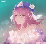  1girl bangs bare_shoulders blue_headwear closed_mouth collarbone commentary_request copyright_name english_text eyelashes flower frills gradient gradient_background hair_between_eyes hair_ornament hat hat_flower highres light_particles lips looking_at_viewer memepredator mob_cap pink_eyes pink_hair saigyouji_yuyuko shiny shiny_hair short_hair sidelocks solo touhou triangular_headpiece upper_body veil white_flower 