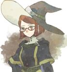  1girl closed_mouth deqqqooon fire_emblem fire_emblem_awakening glasses hat leather miriel_(fire_emblem) red_eyes redhead solo sweater turtleneck turtleneck_sweater upper_body witch_hat 