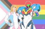  1girl arm_cannon bangs blonde_hair blue_eyes bodysuit breasts gun highres lgbt_pride long_hair looking_at_viewer metroid metroid_dread mole mole_under_mouth ponytail power_suit rainbow roviahc samus_aran skin_tight smile solo thumbs_up weapon zero_suit 