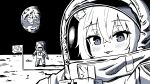  1girl 1other :p absurdres animal_ears blush cat_ears cat_girl chun_1234567 close-up commentary earth_(planet) flag greyscale highres hololive looking_at_viewer monochrome monogatari_(series) nekomata_okayu onigirya_(nekomata_okayu) planet smile spacesuit tongue tongue_out virtual_youtuber 