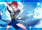  1girl alternate_costume armor fire_emblem fire_emblem_awakening holding holding_sword holding_weapon looking_to_the_side red_eyes redhead short_hair sully_(fire_emblem) sword thighs upper_body weapon wtnbear 