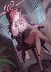  1girl absurdres aru_(blue_archive) bangs blue_archive blunt_bangs breasts brown_legwear chair crossed_legs dutch_angle fur_trim halo highres horns long_hair looking_at_viewer natsuba002 pantyhose pencil_skirt pink_hair sitting skirt smile solo yellow_eyes 