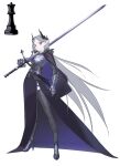  1girl absurdres armor breastplate cape chess_piece closed_mouth contrapposto crown full_body grey_hair high_heels highres holding holding_sword holding_weapon long_hair long_skirt long_sword looking_at_viewer milim_nova original over_shoulder personification pointy_ears purple_cape purple_skirt rook_(chess) simple_background skirt solo standing sword thigh-highs two-sided_cape two-sided_fabric very_long_hair violet_eyes weapon weapon_over_shoulder white_background zweihander 