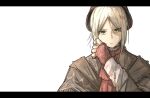 1girl absurdres bangs blonde_hair bloodborne crying fingerless_gloves gloves hand_up hat highres kan_(aaaaari35) letterboxed negative_space parted_bangs parted_lips plain_doll red_gloves simple_background solo white_background yellow_eyes 